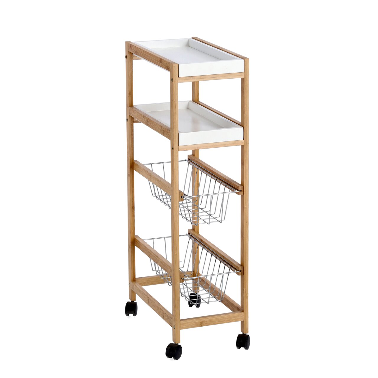 Nischen-Rollwagen aus Holz mit zwei weißen Ablagen und zwei Drahtkörben, auf Rollen, seitliche Perspektive