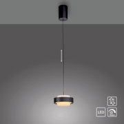 Schwarze LED-Pendelleuchte mit zylindrischer Deckenhalterung, langem Kabel und rundem Schirm mit warmweißem Licht, frontale Ansicht von unten vor grauem Hintergrund