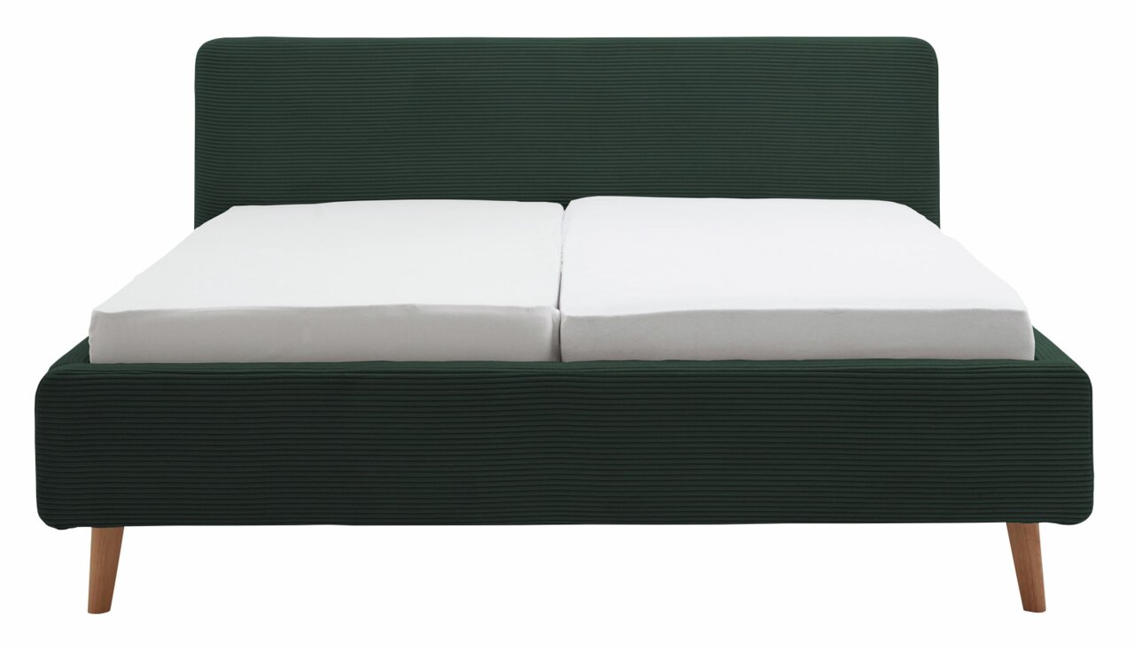 Polsterbettgestell in dunklem Stoff mit zwei weißen Matratzen, Vorderansicht