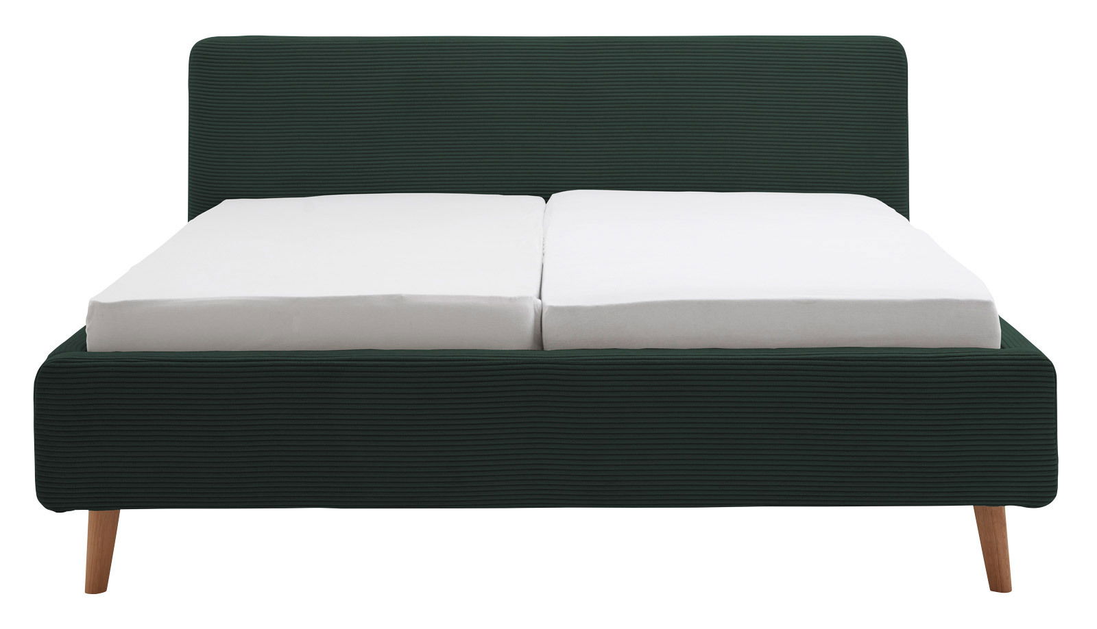 Polsterbettgestell in dunklem Stoff mit zwei weißen Matratzen, Vorderansicht