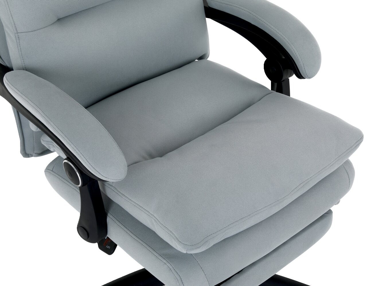 Grauer Chefsessel mit gepolsterten Armlehnen und Sitzfläche, Ansicht von oben.