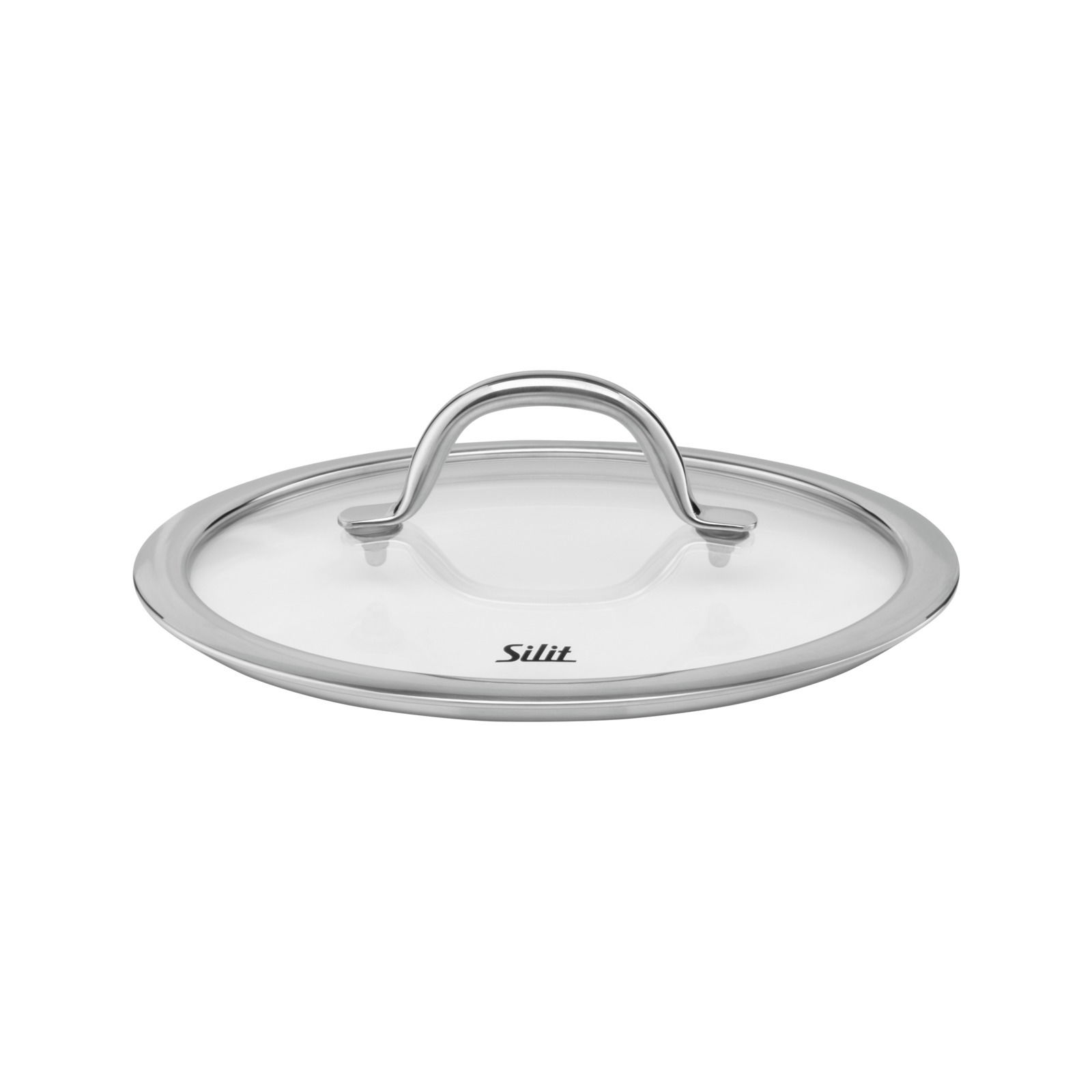 Topfdeckel aus Glas mit Edelstahlrand und Griff, seitliche Perspektive