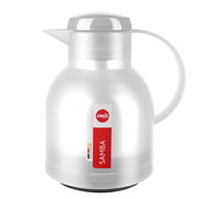 Weiße Isolierkanne SAMBA von Emsa, seitliche Perspektive mit rotem Etikett.