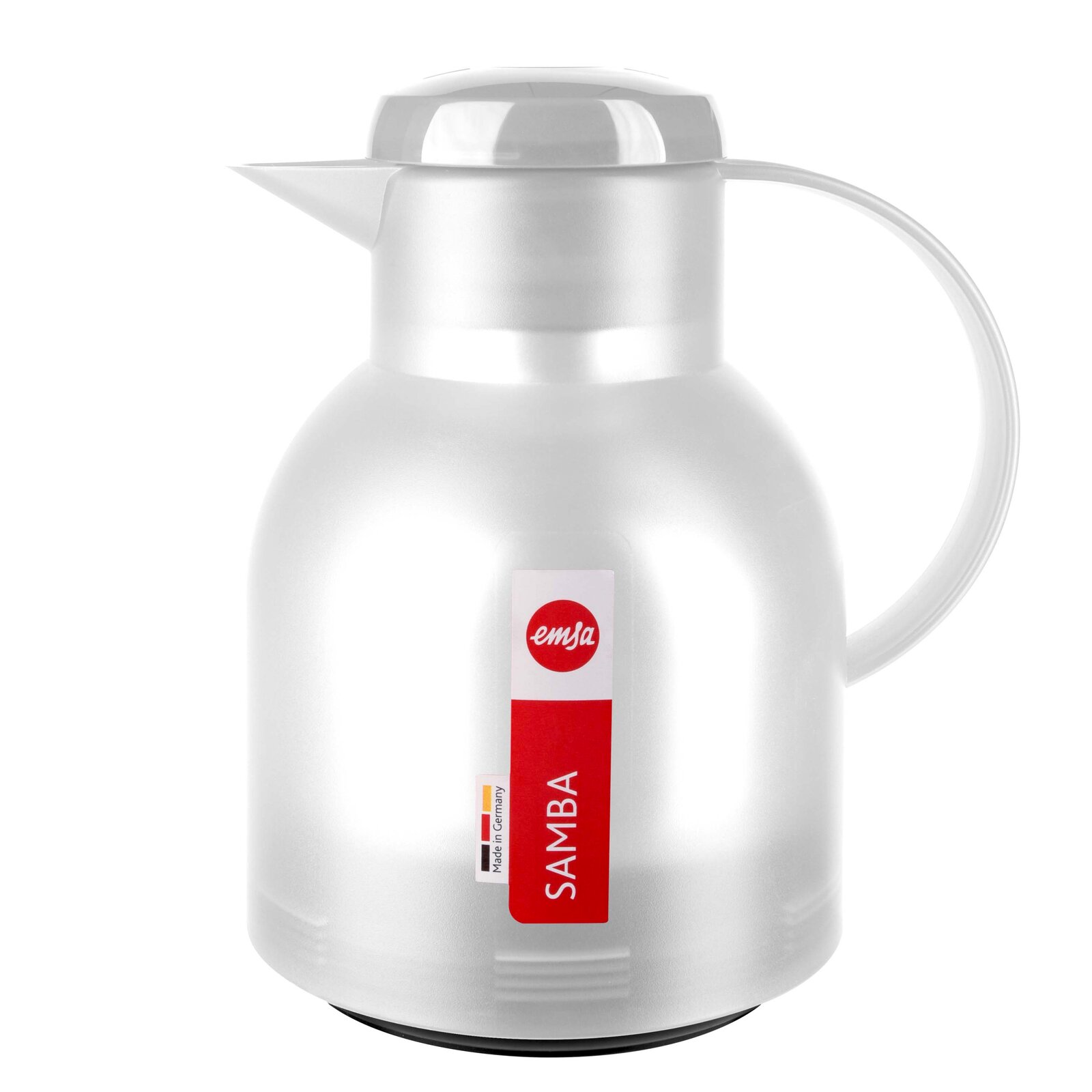 Weiße Isolierkanne SAMBA von Emsa, seitliche Perspektive mit rotem Etikett.
