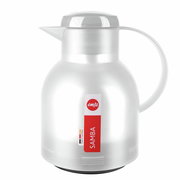 Weiße Isolierkanne SAMBA von Emsa, seitliche Perspektive mit rotem Etikett.