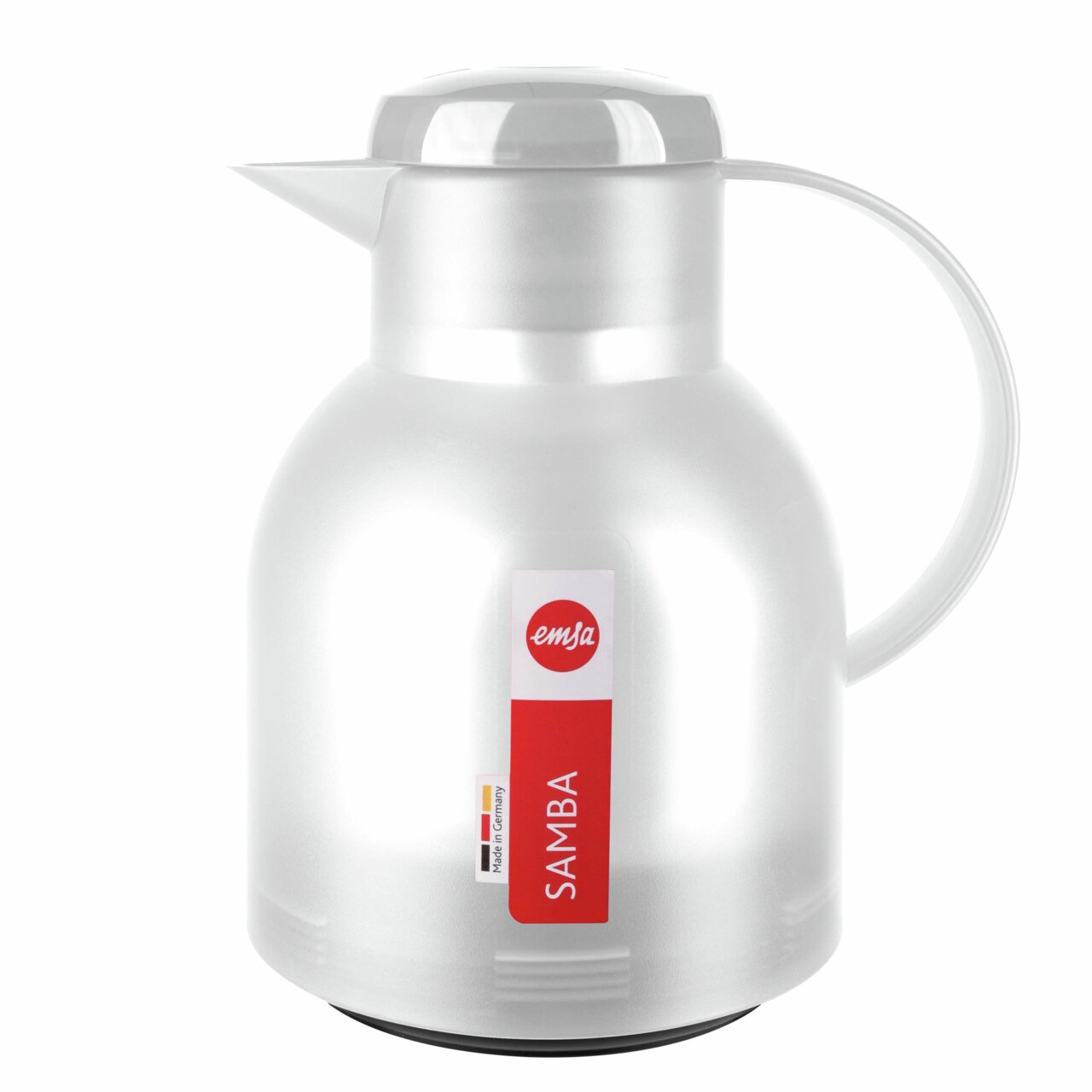Weiße Isolierkanne SAMBA von Emsa, seitliche Perspektive mit rotem Etikett.
