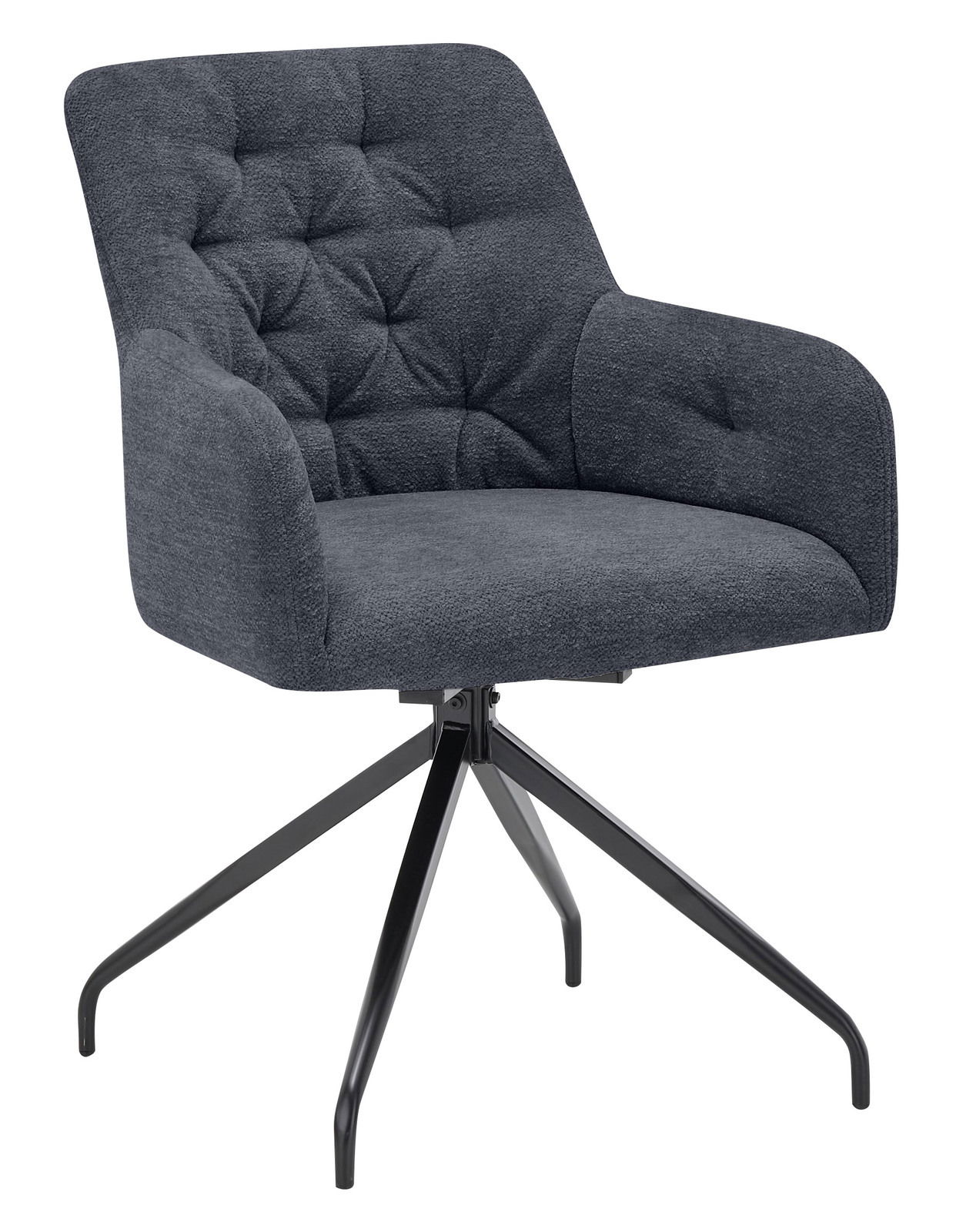 Grauer Armlehnstuhl mit gepolsterter Sitzfläche und Rückenlehne, schwarzes Metallgestell, Vorderansicht