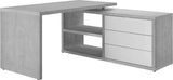 Moderner Eck-Schreibtisch in Betonoptik mit drei weißen Schubladen und zwei offenen Regalfächern, seitliche Perspektive.
