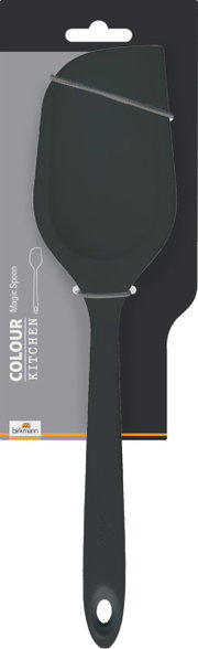 Grauer MagicSpoon von Birkmann, Vorderansicht, auf Verpackung montiert.