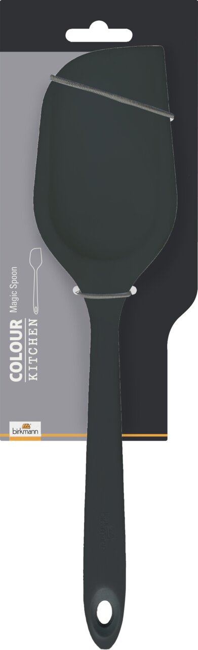 Grauer MagicSpoon von Birkmann, Vorderansicht, auf Verpackung montiert.