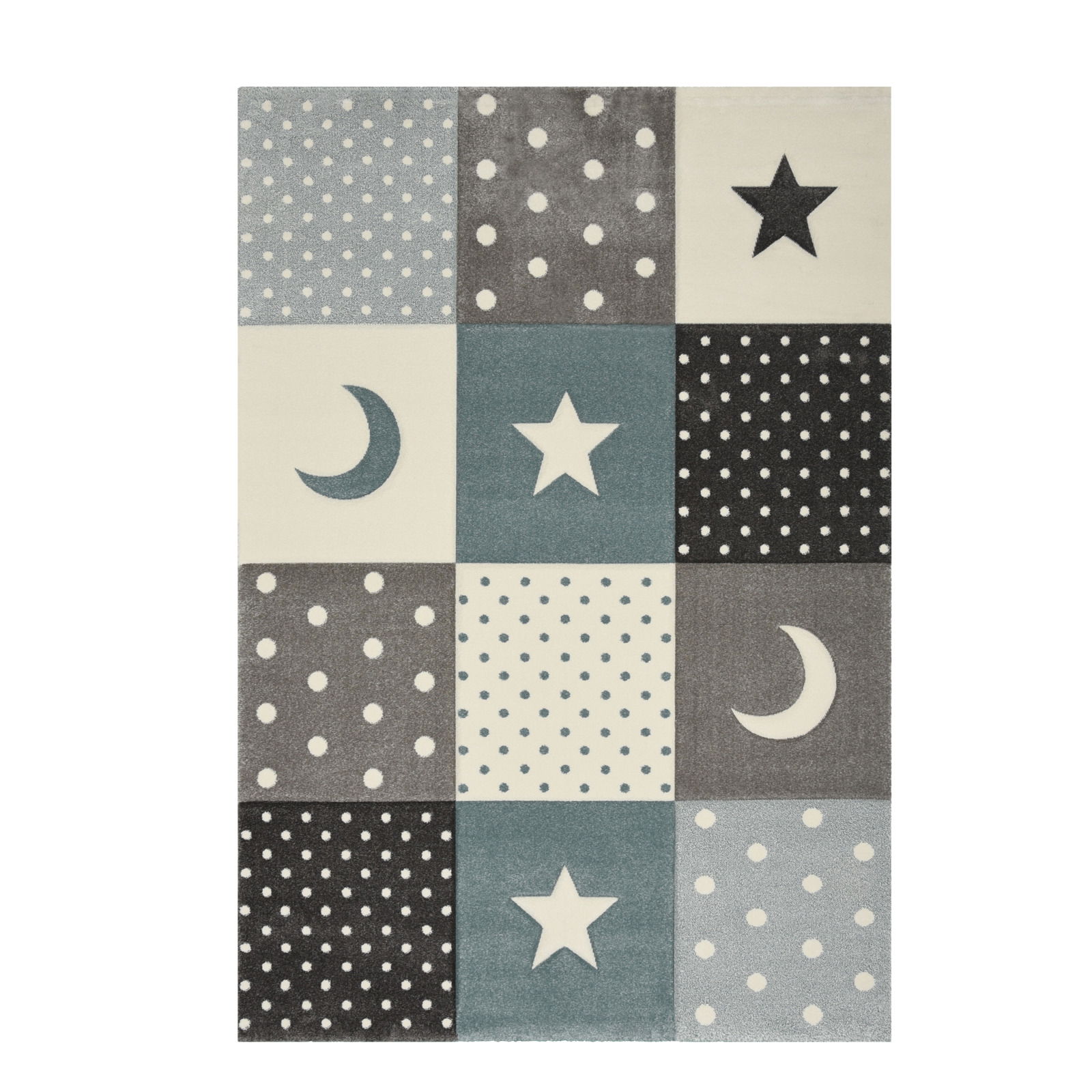 Teppich mit Sternen- und Mondmuster in Blau- und Grautönen, Draufsicht