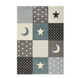 Teppich mit Sternen- und Mondmuster in Blau- und Grautönen, Draufsicht