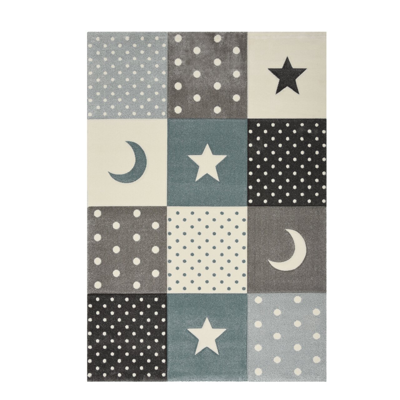 Merinos Stars blue PASTEL Teppich mit Sternen- und Mondmuster in Blau- und Grautönen, Draufsicht