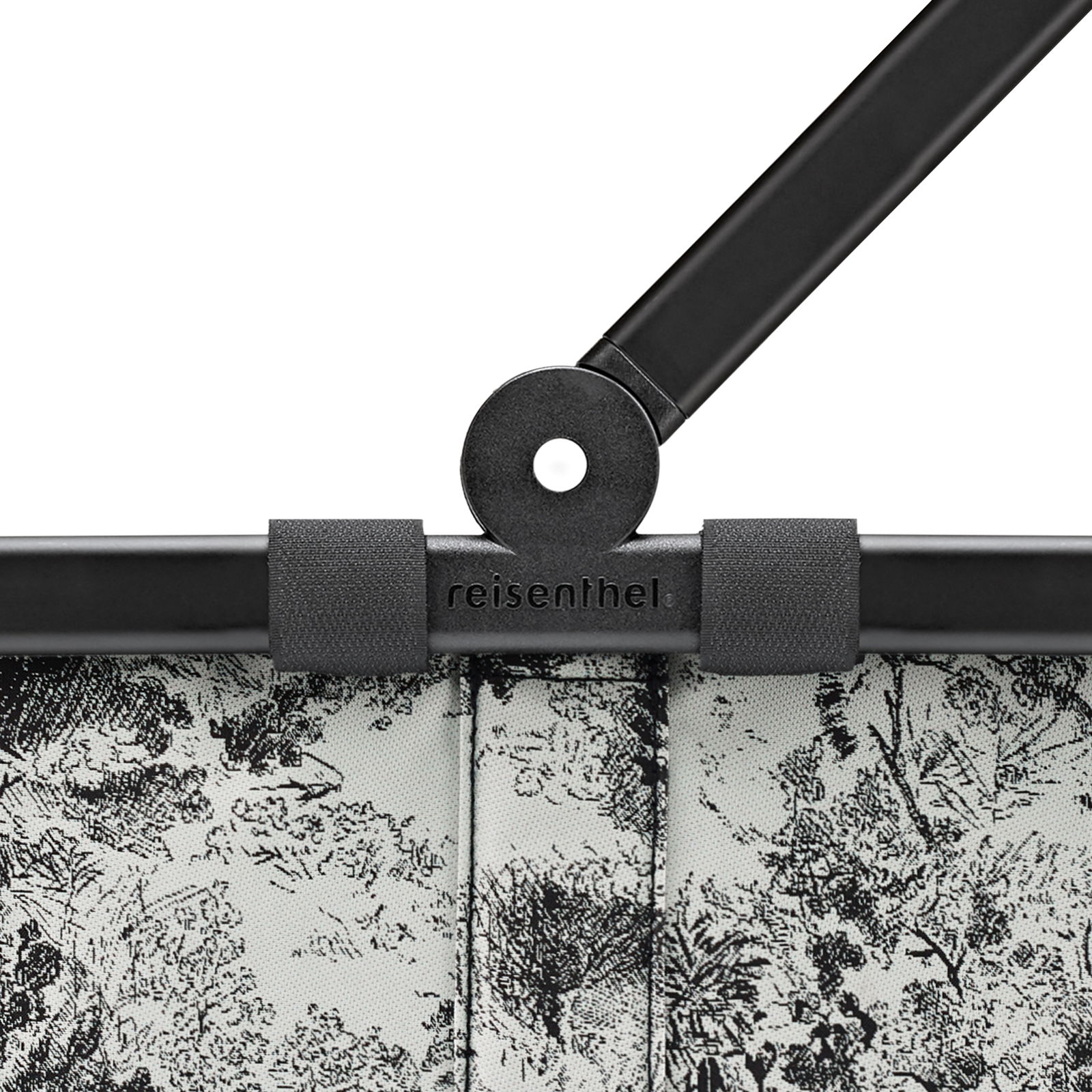 Nahaufnahme eines Reisenthel carrybag mit schwarzem Griff und schwarz-weißem Muster, von oben betrachtet.