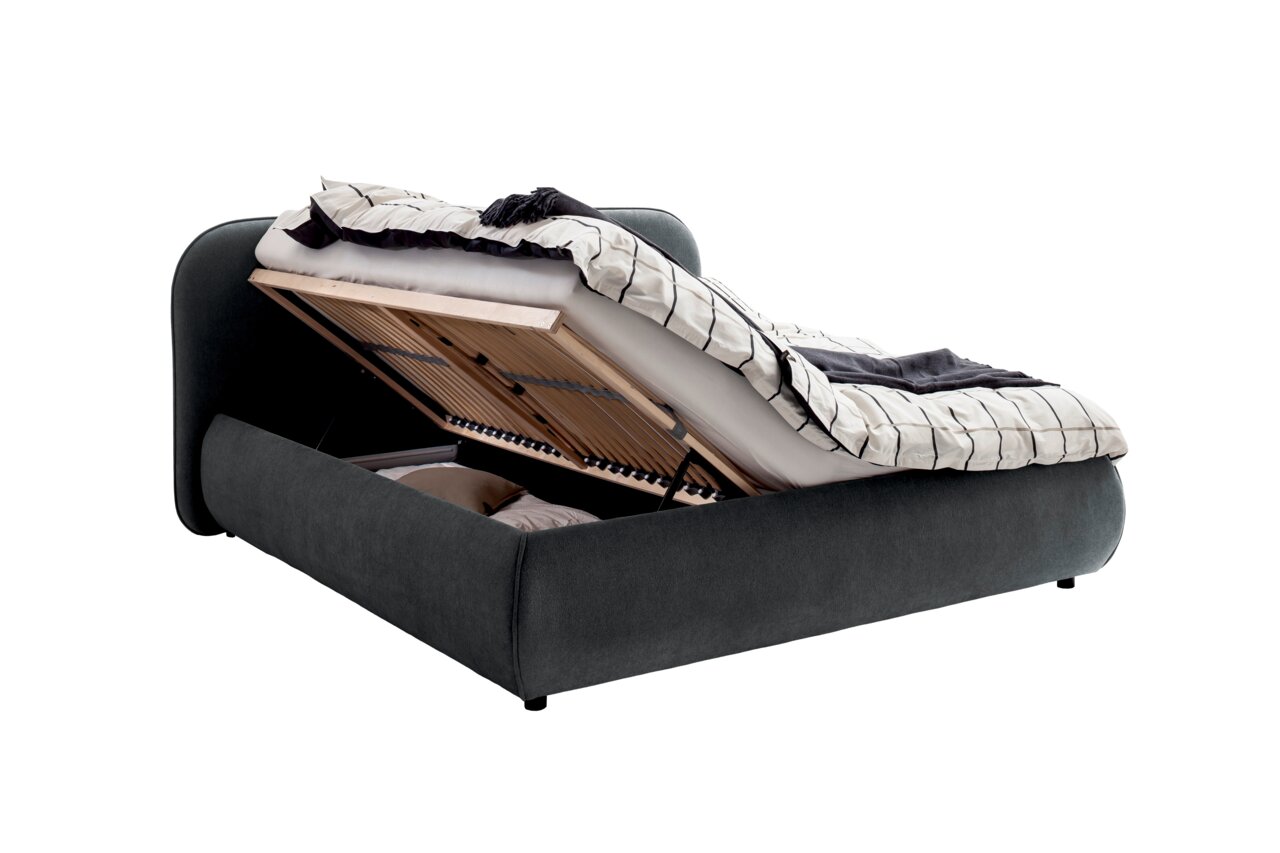 Polsterbett mit hochgeklappter Matratze und Stauraum, seitliche Perspektive