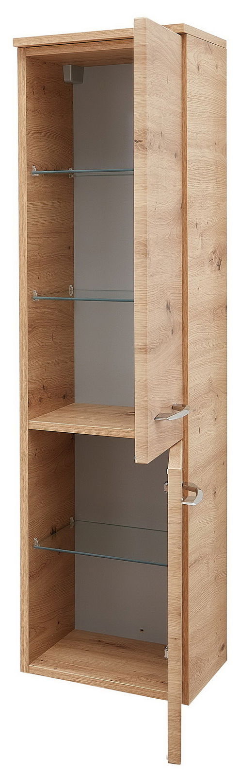 Sadena Midischrank PLAKA Midischrank aus Holz mit zwei Glastüren, teilweise geöffnet, seitliche Perspektive