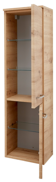 Midischrank aus Holz mit zwei Glastüren, teilweise geöffnet, seitliche Perspektive