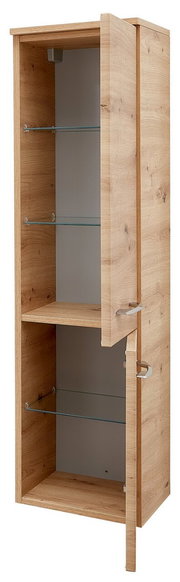 Midischrank aus Holz mit zwei Glastüren, teilweise geöffnet, seitliche Perspektive