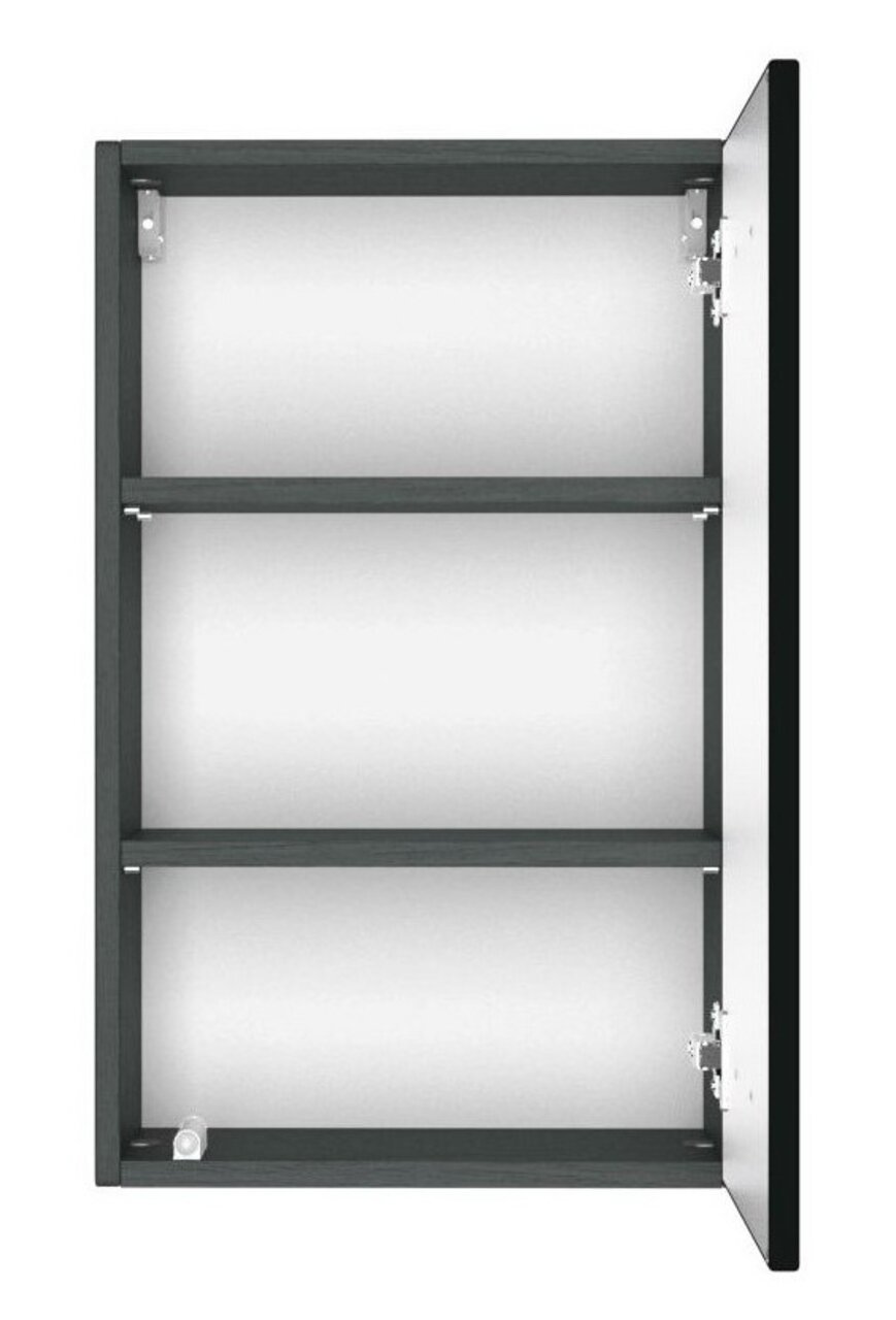 Hängeschrank mit geöffneter Tür, Ansicht von vorne, drei Regalböden