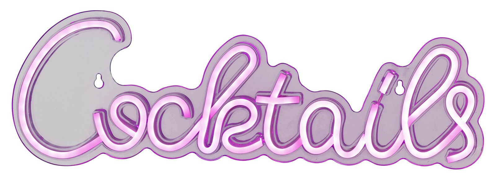 Lumineo LED neon USB indoor LED Neon Schild mit dem Schriftzug 'Cocktails' in lila und weißer Beleuchtung, frontal betrachtet.