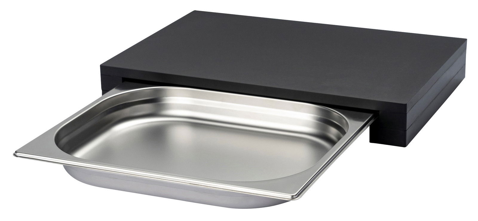 Schneidebrett mit herausziehbarer Schublade aus Edelstahl, seitliche Perspektive