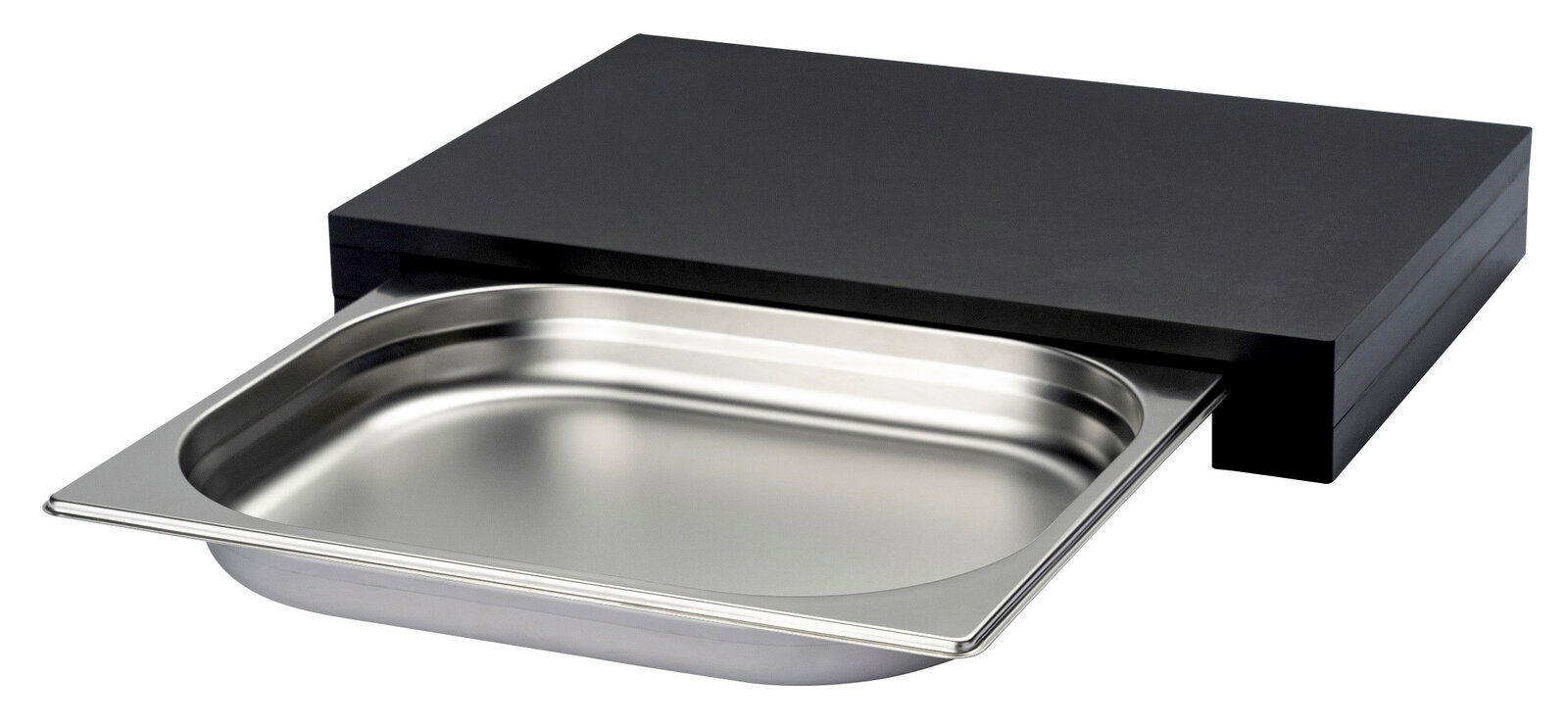 Schneidebrett mit herausziehbarer Schublade aus Edelstahl, seitliche Perspektive