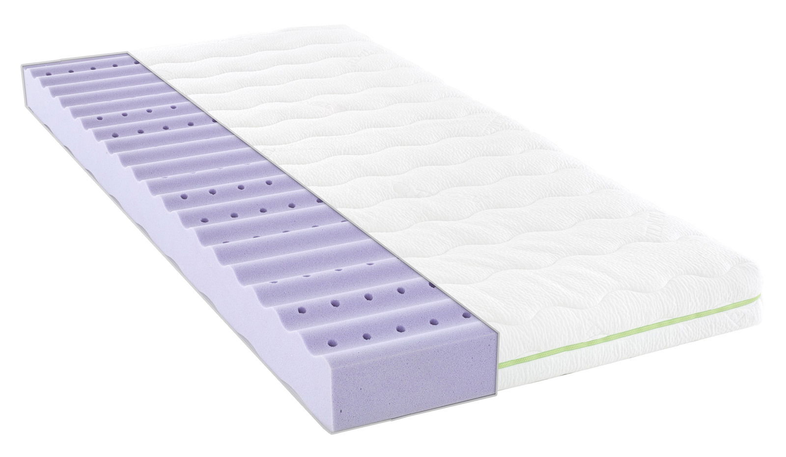 Querschnitt einer Jugendmatratze 120x200 cm mit lila Schaumstoffkern und weißem Bezug, seitliche Perspektive