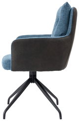 Moderner Sessel mit blauem Stoffbezug und schwarzem Metallgestell, Seitenansicht