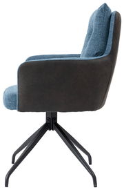 Moderner Sessel mit blauem Stoffbezug und schwarzem Metallgestell, Seitenansicht