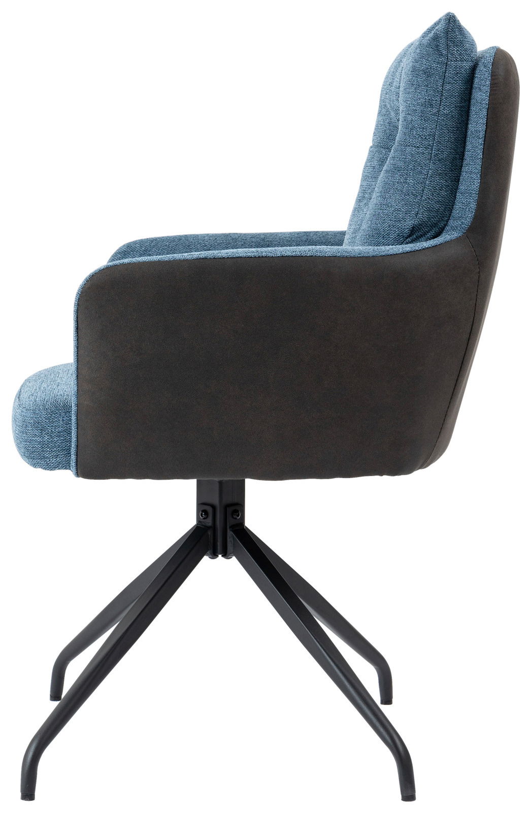 Moderner Sessel mit blauem Stoffbezug und schwarzem Metallgestell, Seitenansicht