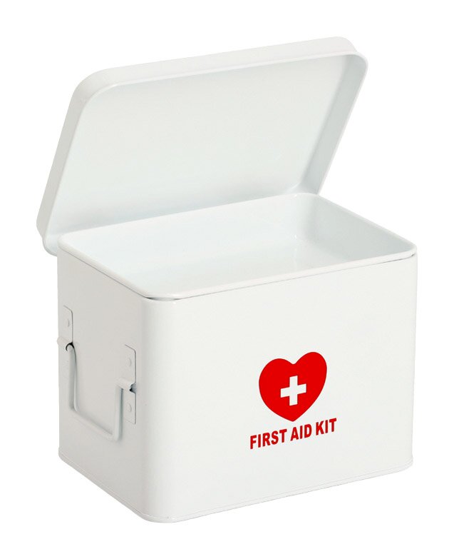 Weiße Medizinbox mit rotem Herz und Kreuz, Aufsicht mit geöffnetem Deckel