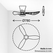 Maatschets van een plafondventilator met drie bladen, weergegeven in zij- en onderaanzicht, met een diameter van 780 mm en een hoogte van maximaal 260 mm.
