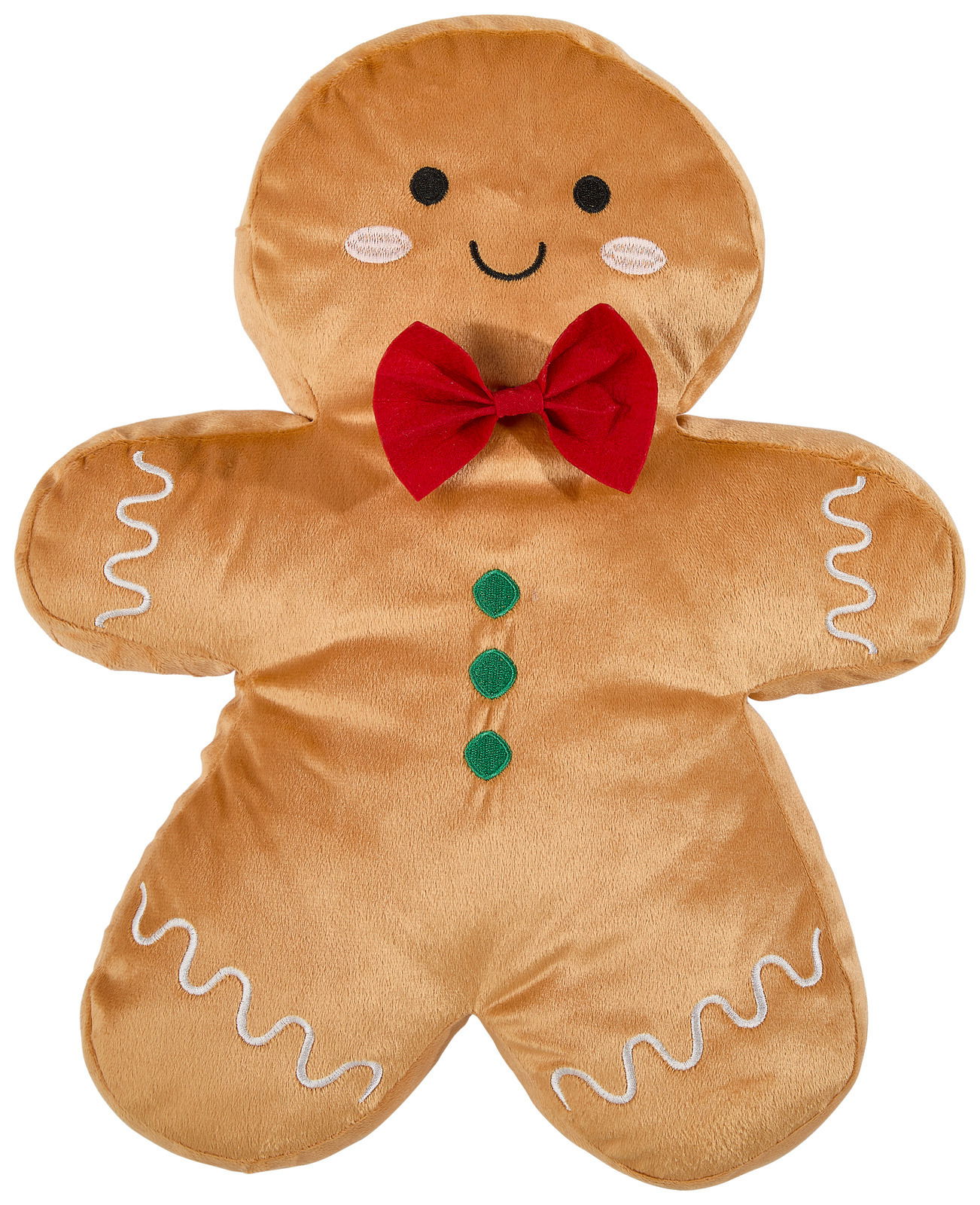 Zierkissen in Form eines Lebkuchenmanns mit roter Fliege und grünen Knöpfen, Frontalansicht