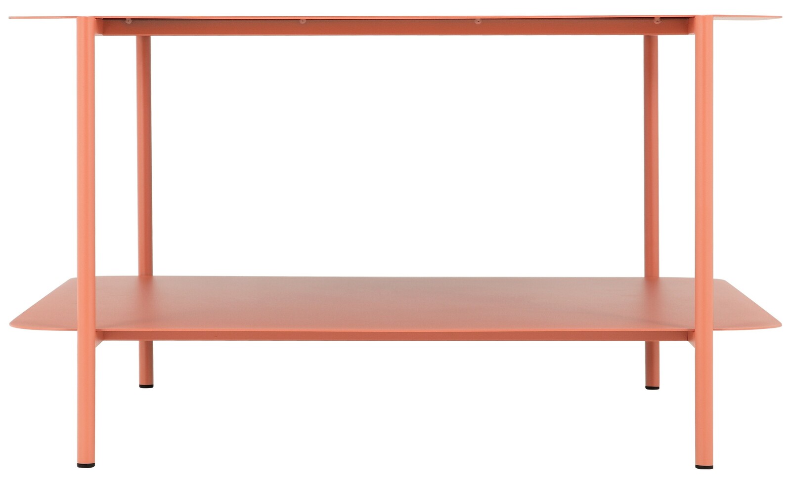 Moderner Beistelltisch in Korallenfarbe mit zwei Ebenen, frontal betrachtet.