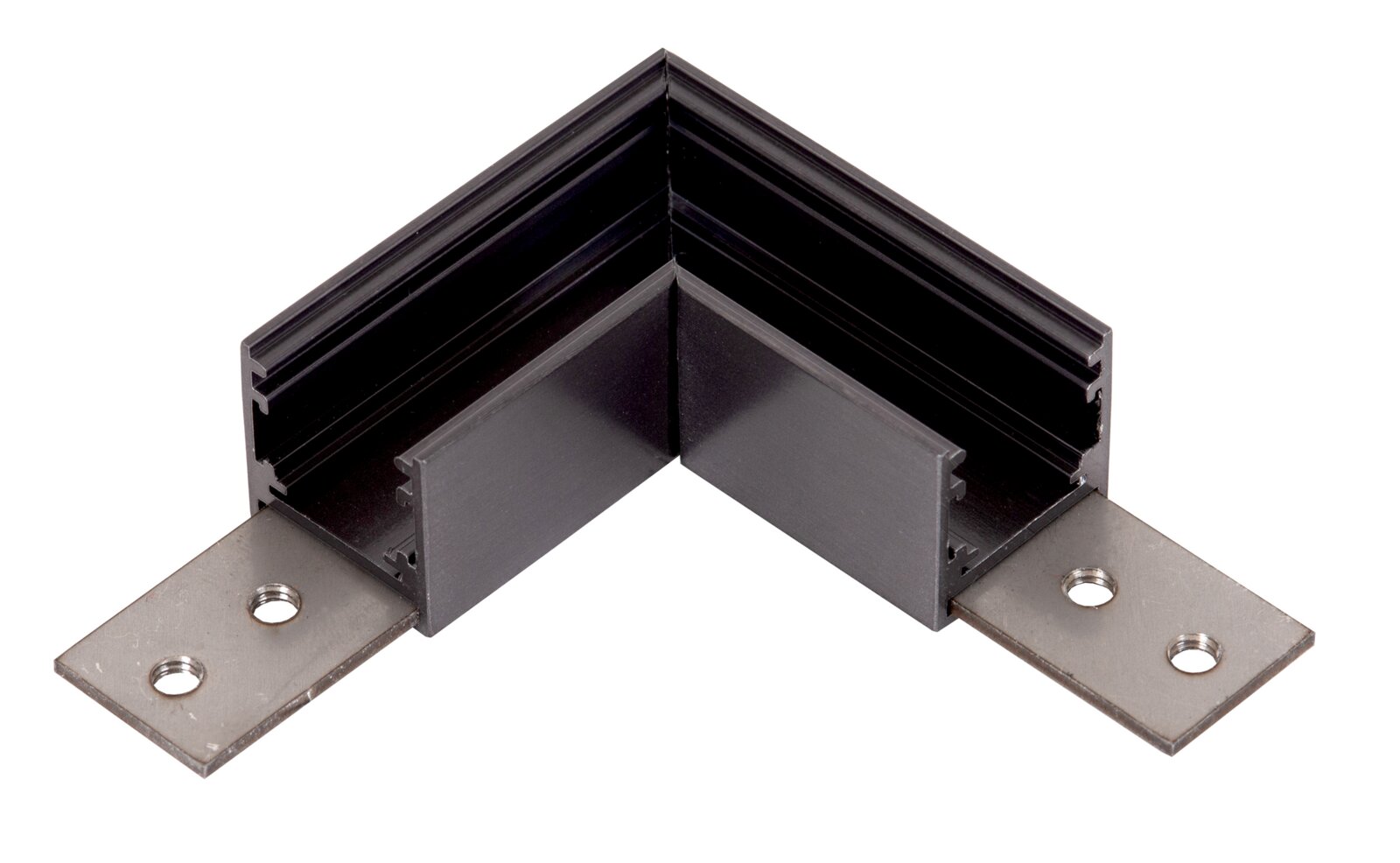 Schwarzer 90°-Eckverbinder aus Aluminiumprofil mit zwei silbernen Montageplatten und Schraublöchern, freigestellt auf weißem Hintergrund, in schräger Frontansicht von oben.