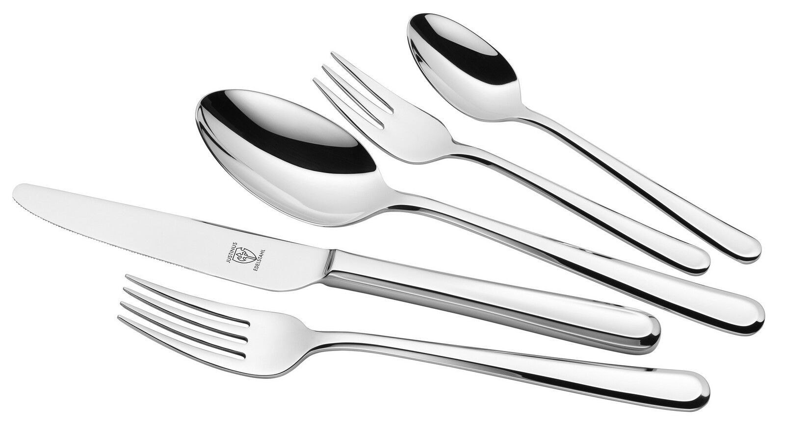 Elegantes Besteckset aus Edelstahl, bestehend aus Messer, Gabel, Löffel und Teelöffel, in seitlicher Perspektive.