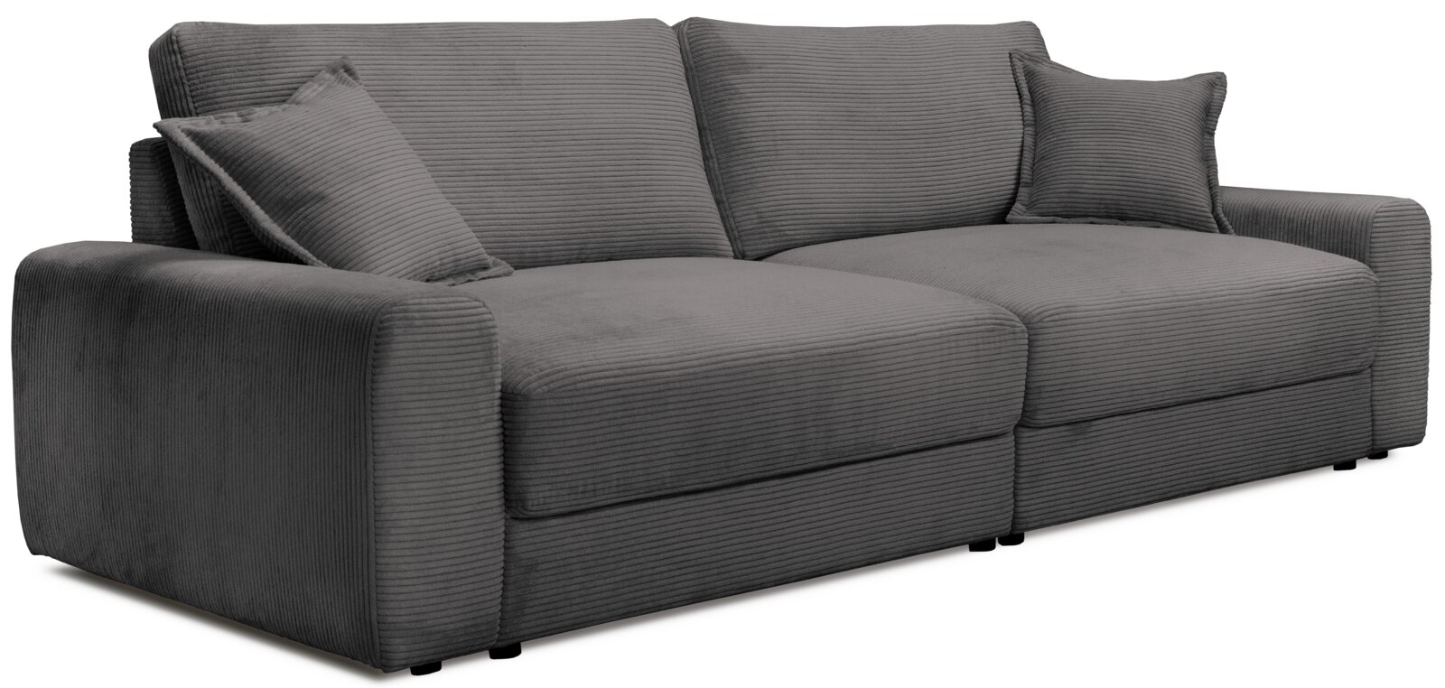 Graues Big-Sofa mit geripptem Stoffbezug, zwei großen Sitzkissen und zwei passenden Rückenkissen, seitliche Perspektive