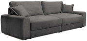 Graues Big-Sofa mit geripptem Stoffbezug, zwei großen Sitzkissen und zwei passenden Rückenkissen, seitliche Perspektive