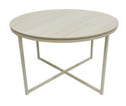 Runder Couchtisch mit heller Holzoptik und Metallgestell, seitliche Perspektive