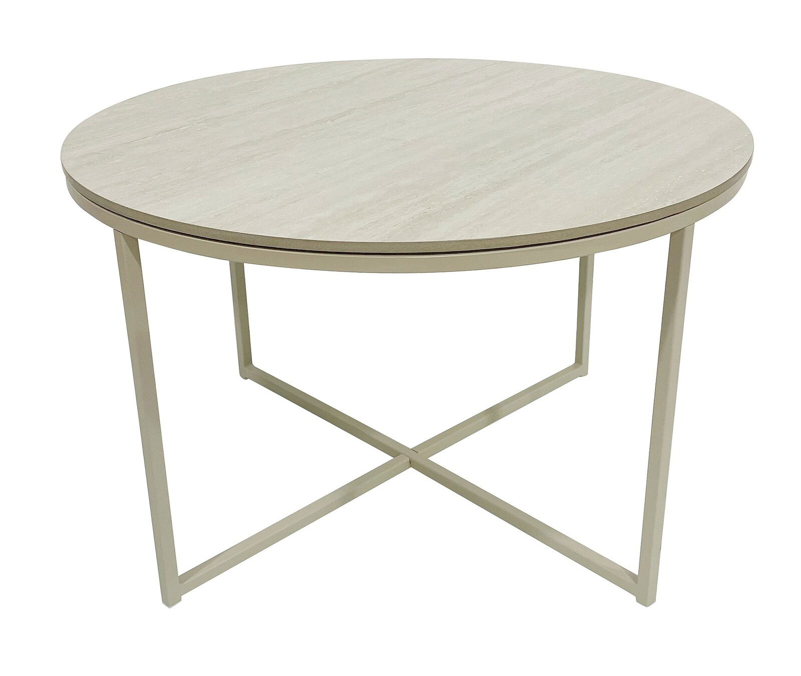 Runder Couchtisch mit heller Holzoptik und Metallgestell, seitliche Perspektive