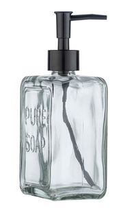 Transparenter Seifenspender mit schwarzem Pumpkopf, seitliche Perspektive