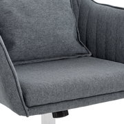 Grauer Homeoffice-Drehstuhl aus Stoff, Nahaufnahme der Sitzfläche und Rückenlehne von der Seite.