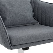 Grauer Homeoffice-Drehstuhl aus Stoff, Nahaufnahme der Sitzfläche und Rückenlehne von der Seite.