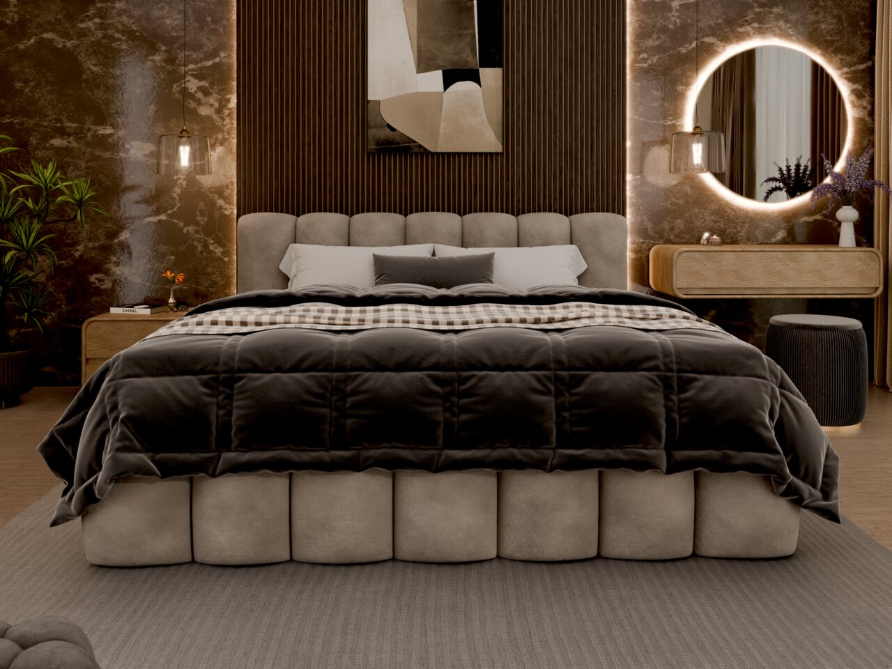 Vooraanzicht van een elegant gestoffeerd bed met een grijs hoofdeinde en luxe beddengoed in een stijlvol ingerichte slaapkamer.