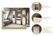 Badezimmermöbel-Set mit weißer Hochglanzfront und Sonoma Eiche NB, bestehend aus Hängeschrank, Hochschrank, Waschbeckenunterschrank und Badkombination, aus der Perspektive eines hellen, modernen Badezimmers.