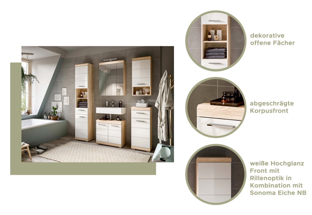 Badezimmermöbel-Set mit weißer Hochglanzfront und Sonoma Eiche NB, bestehend aus Hängeschrank, Hochschrank, Waschbeckenunterschrank und Badkombination, aus der Perspektive eines hellen, modernen Badezimmers.
