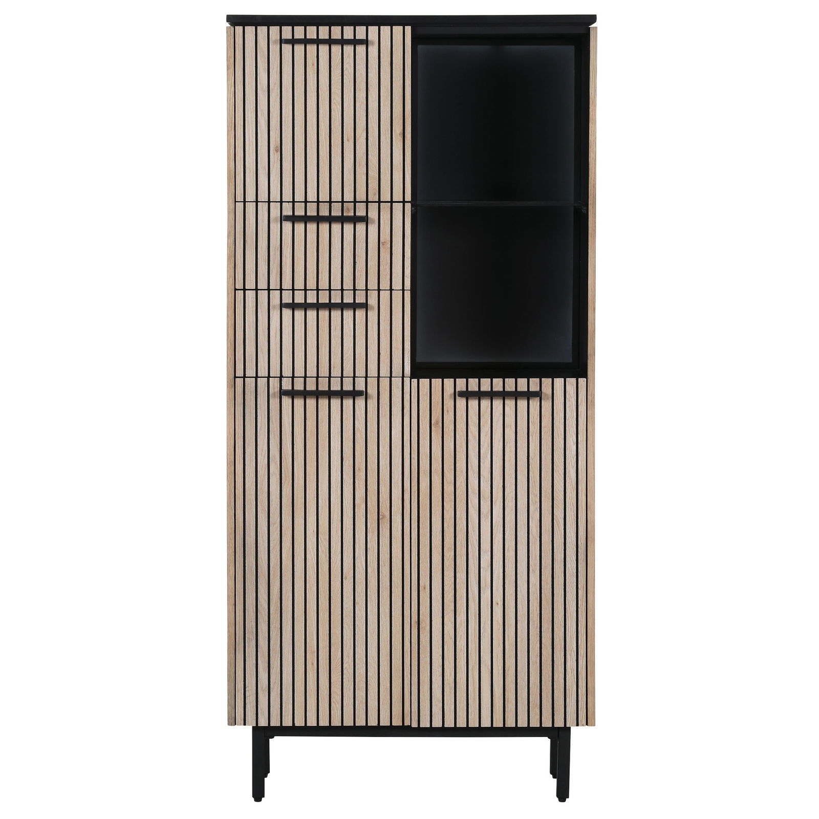 Moderne Vitrine mit vertikalen Holzstreifen und schwarzem Regal, Frontalansicht