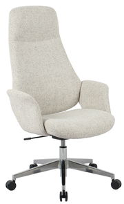 Moderner Chefsessel in hellgrauem Stoffbezug mit hoher Rückenlehne und verstellbarer Sitzhöhe, seitliche Perspektive.