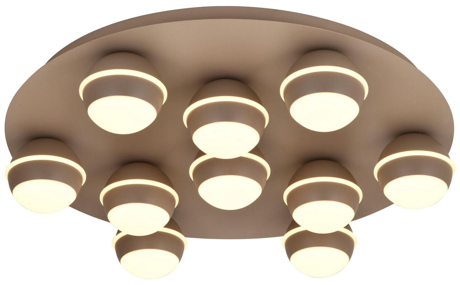 Moderne LED-Deckenleuchte mit neun runden Leuchtelementen, Ansicht von unten.