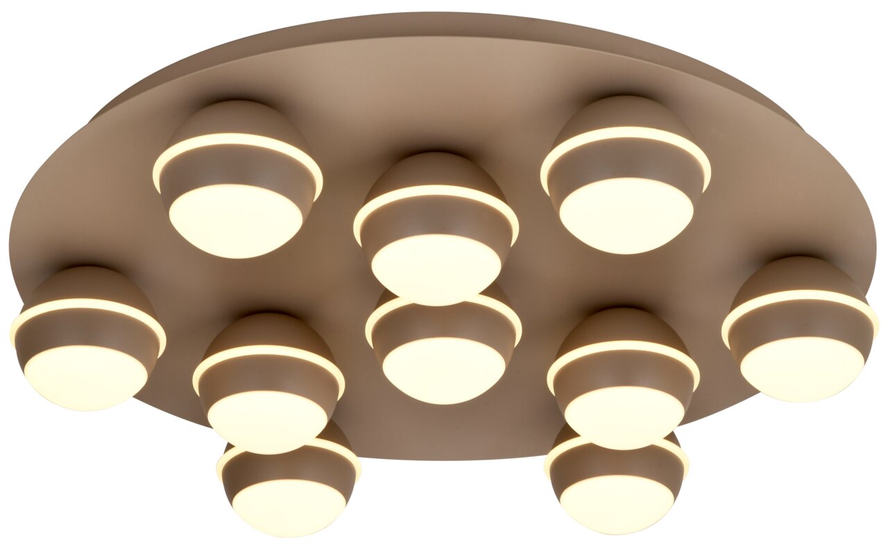Moderne led-plafondlamp met negen ronde lichtelementen, gezien van onderaf.